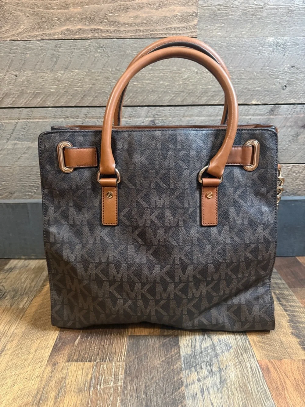 Michael Kors Hamilton Large Tote Brown MK Logo Leather Trim Like New w/ Strap